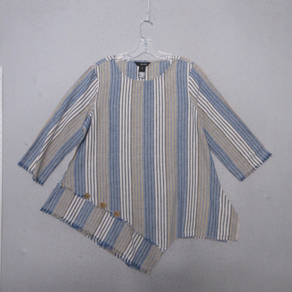 Ali‎ Miles Top Tunic Medium Stripe Linen Blend Button Lagenlook Fray Hem Coastal